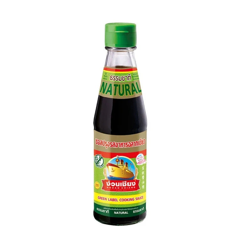Nguan Chiang Green Label Seasoning Sauce 200ml bottle, natural color and label, in dry grocery product setting