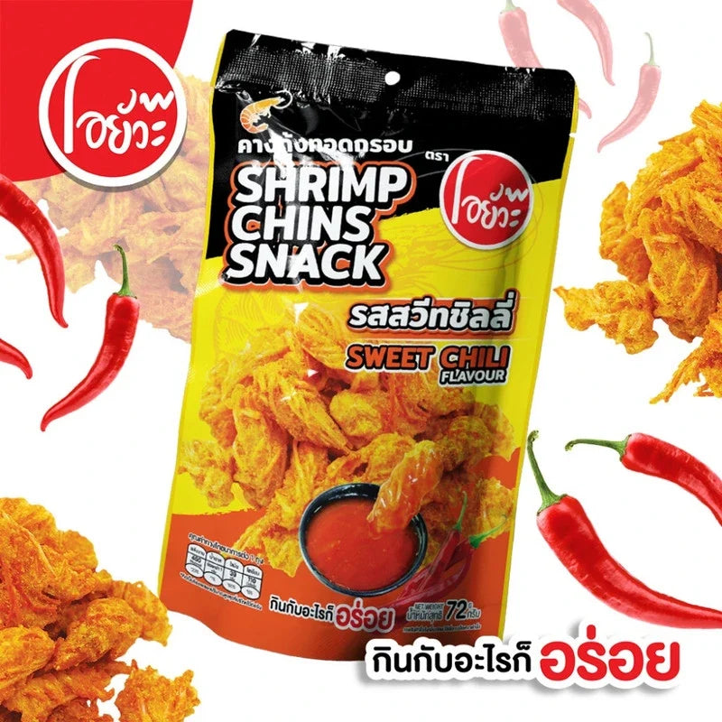 O-YUA crispy fried shrimp snack with sweet chili flavor, showcasing golden-brown shrimp pieces in a crunchy snack form.