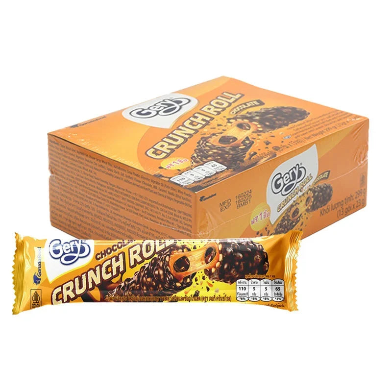 Gery Crunch Roll Chocolate Wafer 23g snack pack, crispy chocolate wafer snack in a sealed package.