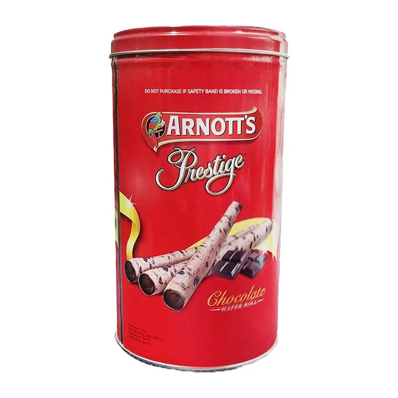 Arnotts Prestige Chocolate Wafer Roll 330g, dry grocery snack with crispy wafer and chocolate coating, in a sealed package.