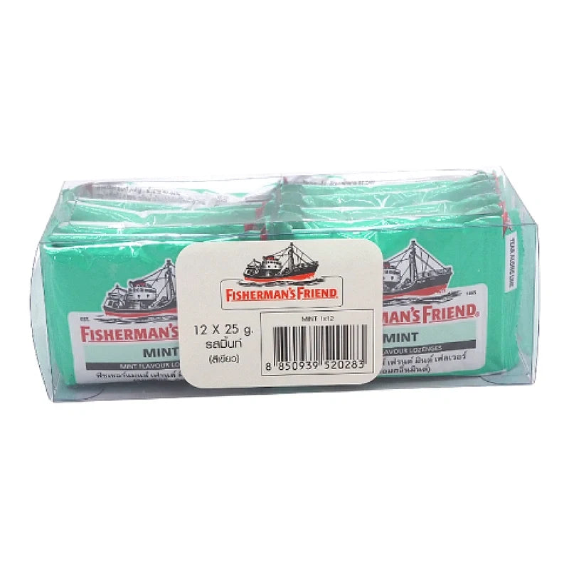 Fisherman's Friend Mint Lozenges in a box, featuring the brand logo, with 12 packs of dry grocery mint candies and confectionery.