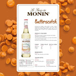 Bottle of MONIN Butterscotch Syrup 700ml for dry grocery, showing the label and dark caramel color of the syrup inside.