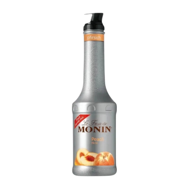 Monin Peach Fruit Mix 1000ml bottle, dry grocery product with peach flavor, ideal for beverages and cocktails.
