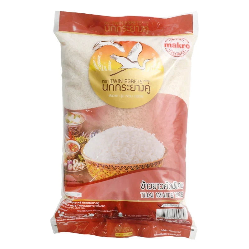 Twin Egrets White Rice 15% 5kg bag, premium dry grocery product with white rice grains in a clear packaging.