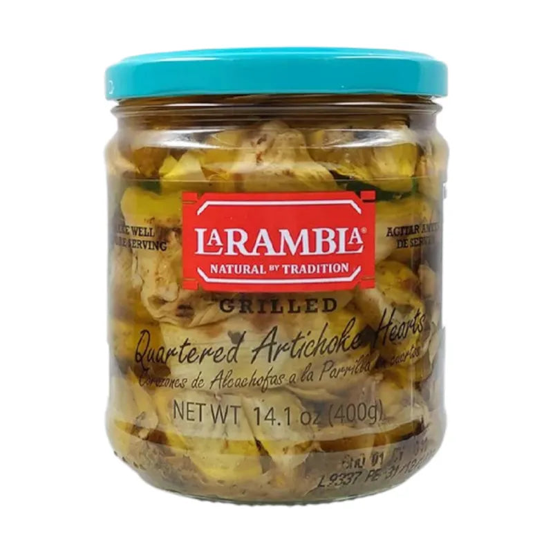 Canned La Rambla Quarter Artichoke Hearts, grilled, in a jar, ready for salads or antipasto, from La Rambla dry grocery collection.