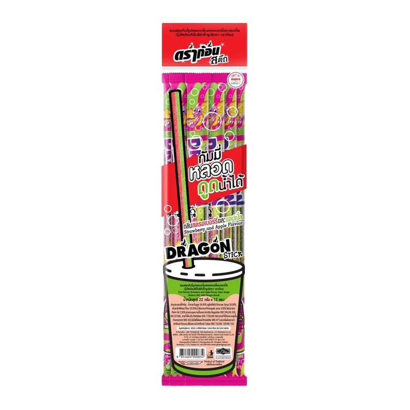 Dragon Gummy Stick Strawberry Apple 22g, colorful chewy candies in a clear package from DRAGON snack brand.