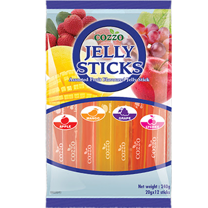 Cozzo Jelly Stick Mixed confectionery snacks with colorful, fruity jelly sticks in bright packaging.