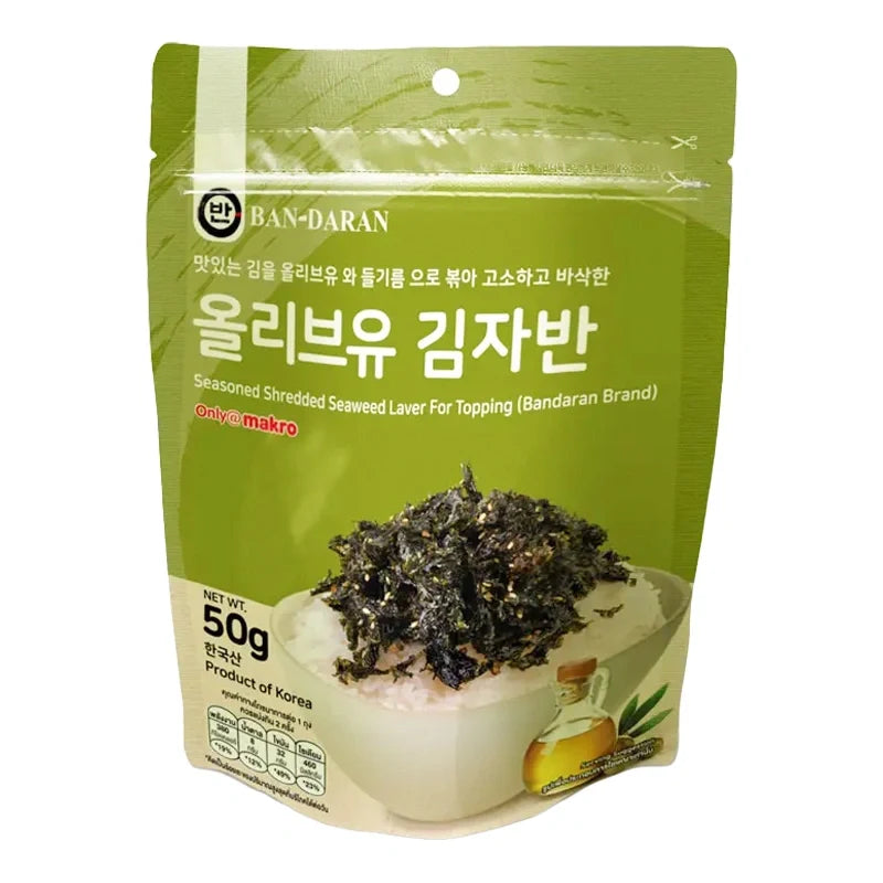 BANDARAN shredded seaweed topping for rice, 50g, dry grocery product, showing dried, shredded seaweed in a clear package.