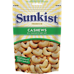 Sunkist dry roasted cashew nuts with light salt, a crunchy confectionery snack in a clear bowl.