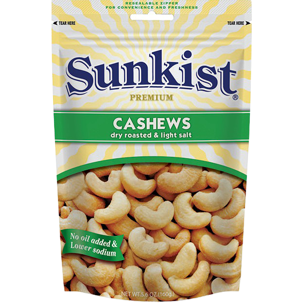 Sunkist dry roasted cashew nuts with light salt, a crunchy confectionery snack in a clear bowl.