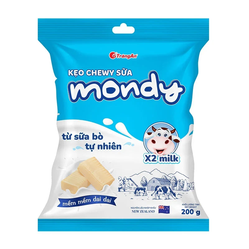 Creamy milk flavored Mondy Chewy Candy in 200g pack, featuring soft, chewy texture and milk-themed packaging.
