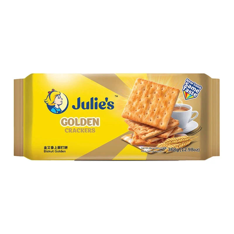 Julies Golden Crackers in a 368g package, snack confectionery from Julies, shown in a clear image with golden-colored crackers