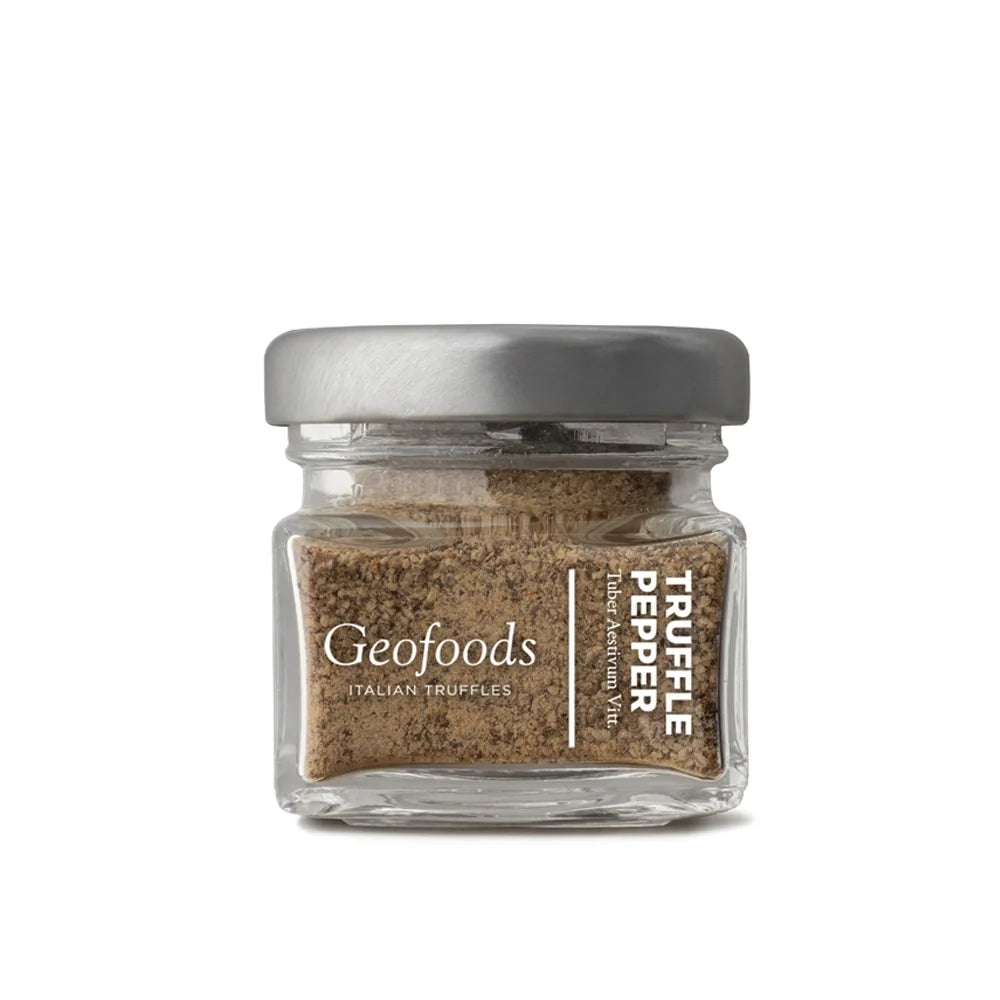 GEO Foods Truffle Pepper in 20g dry grocery package, black and white pepper blend with truffle flavor, close-up of spice container