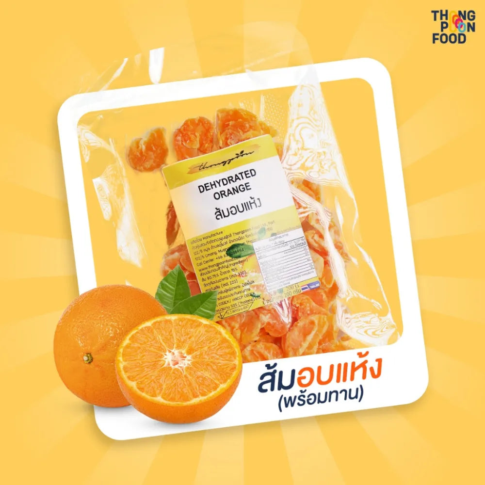 Dried honey oranges in a clear package labeled Thong Poon, 180g, showcasing bright orange slices with honey glaze.