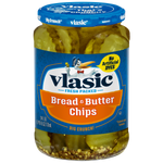 Jar of Vlasic Bread & Butter Chips in a glass jar with a label, showing the crispy, golden bread and butter pickles inside.