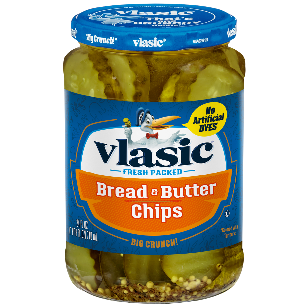 Jar of Vlasic Bread & Butter Chips in a glass jar with a label, showing the crispy, golden bread and butter pickles inside.