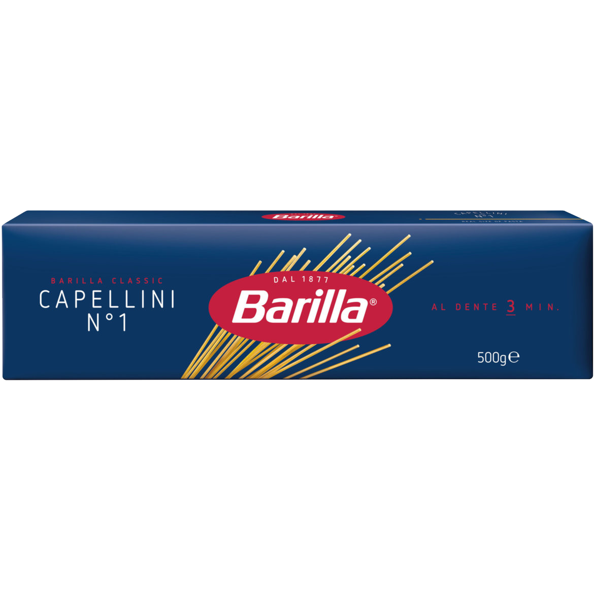 Dry Barilla Capellini pasta in a clear package, showcasing thin, delicate pasta strands ideal for light, elegant Italian dishes.