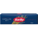 Dry Barilla Capellini pasta in a clear package, showcasing thin, delicate pasta strands ideal for light, elegant Italian dishes.