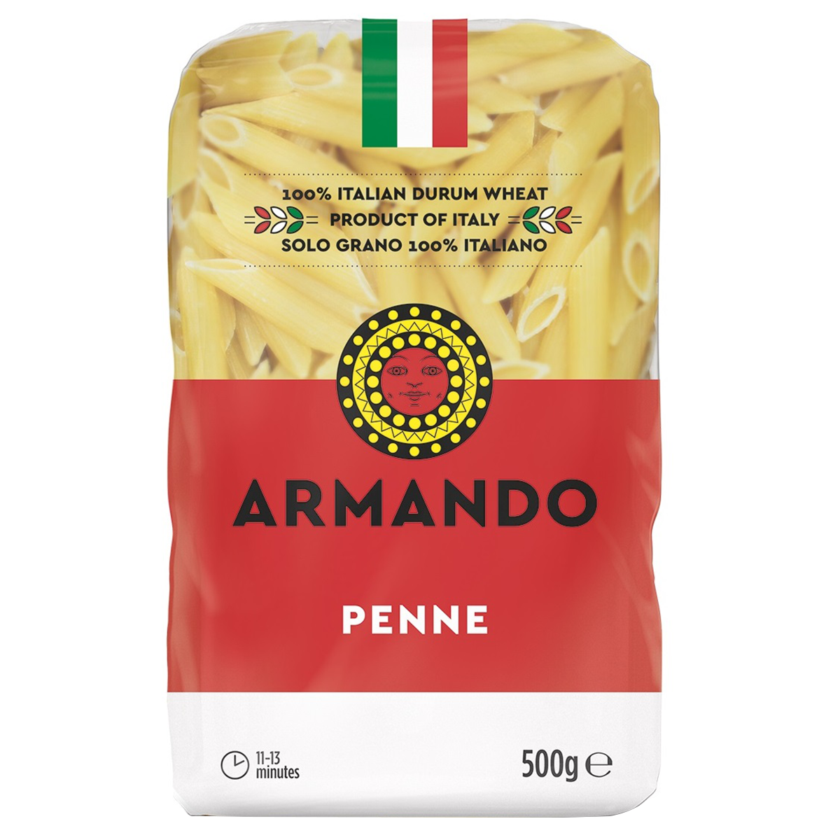 Armando Penne No.73 pasta in a clear container, showcasing the short, tube-shaped Italian grocery product.