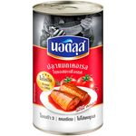Canned Nautilus Mackerel in tomato sauce, ready to eat, with a metal can label showing the product name and brand.