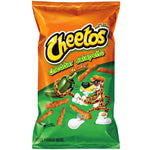 Cheetos Crunchy Cheddar Jalapeno snack bags featuring spicy cheddar-flavored crunchy corn snacks with jalapeno seasoning.