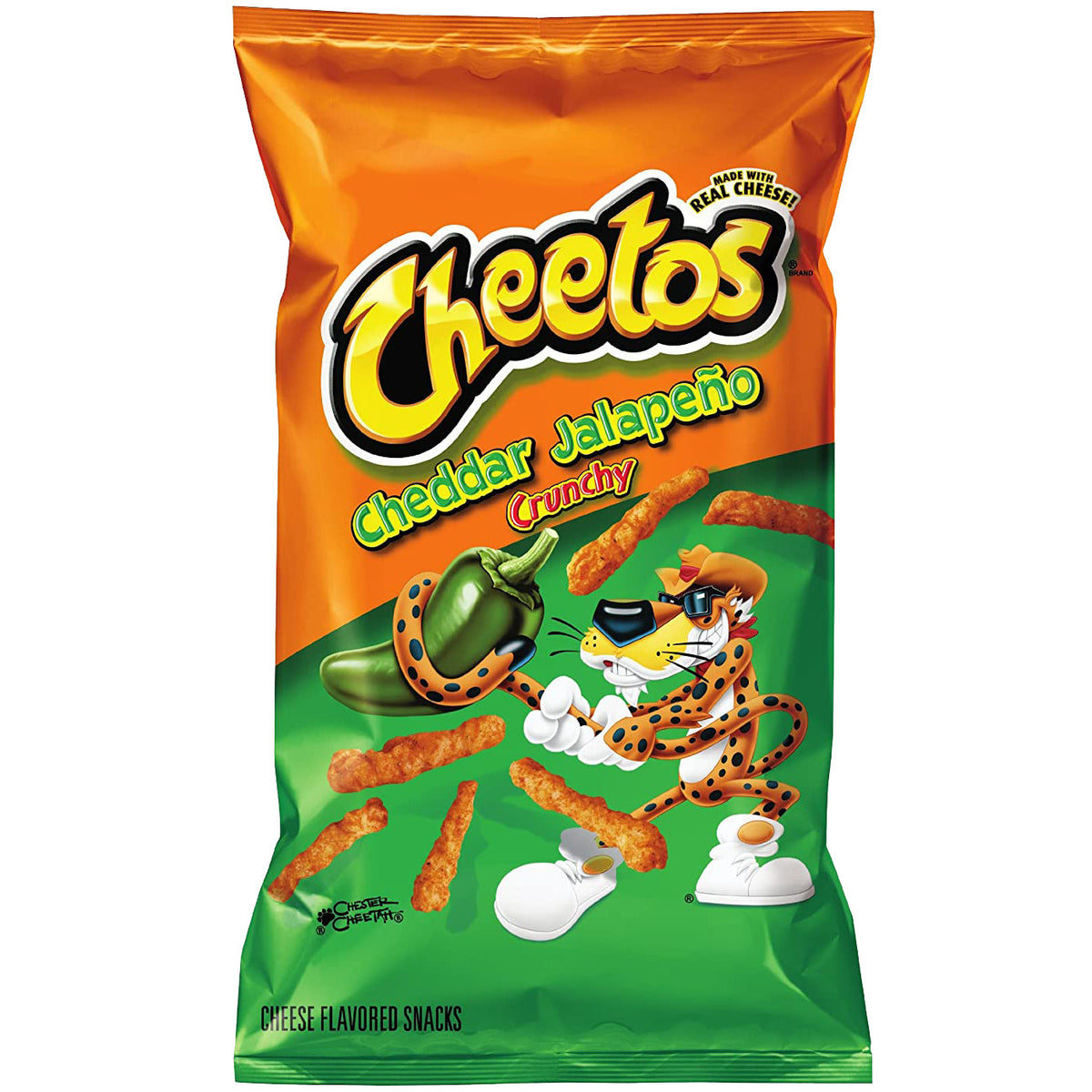 Cheetos Crunchy Cheddar Jalapeno snack bags featuring spicy cheddar-flavored crunchy corn snacks with jalapeno seasoning.