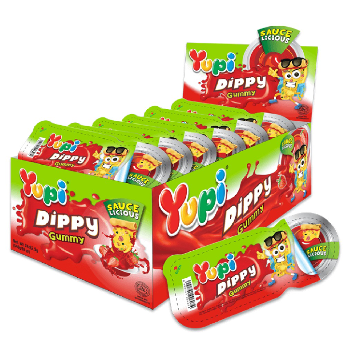 Yupi Dippy Fries confectionery snacks in colorful packaging showing crispy, snack-shaped candy pieces by Yupi.
