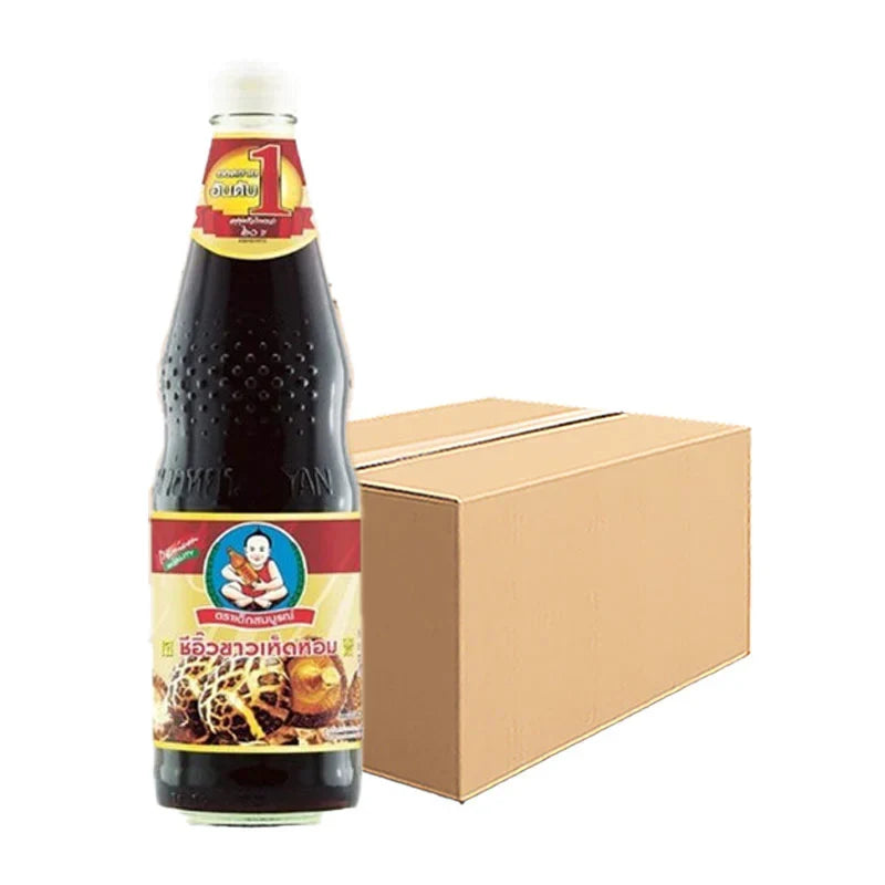 Deksomboon Mushroom Soy Sauce 700ml bottle, part of a 12-pack, with dark soy sauce and mushroom flavor label.