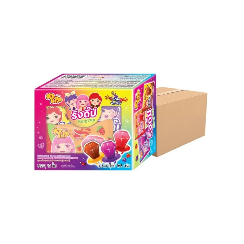 Pipp Pip Ring Dip Candy assorted flavors including strawberry and grape in colorful packaging for snacks and confectionery.