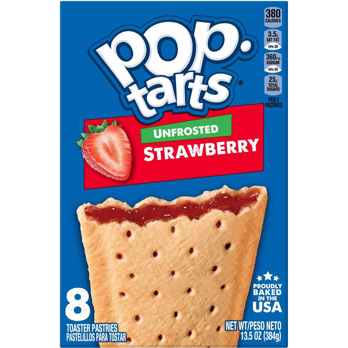 Unfrosted strawberry Pop-Tarts by Kellogg's, showing the snack's rectangular pastry with strawberry filling visible inside