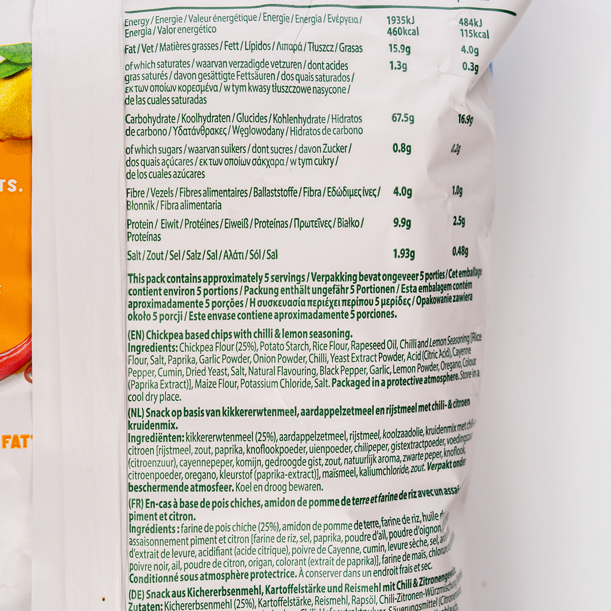 Eat Real Hummus Chips Chilli & Lemon flavor, crunchy snack with spicy chili and tangy lemon, in a colorful bag.