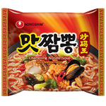 Spicy seafood Nong Shim Champong noodle soup in a bowl, featuring noodles, seafood ingredients, and vibrant broth.