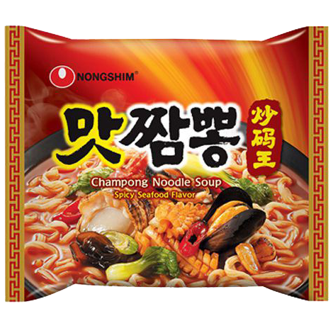 Spicy seafood Nong Shim Champong noodle soup in a bowl, featuring noodles, seafood ingredients, and vibrant broth.