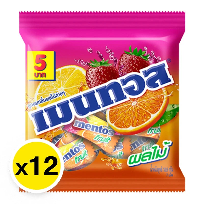 Mentos Mini Bag Fruit Candy in 18.9g packs, featuring colorful fruity confections from the Mentos brand.