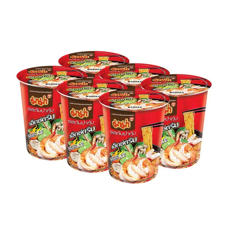 Mama Cup Tom Yum Kung Extreme flavor instant noodles in a dry grocery cup, featuring vibrant packaging with spicy seafood flavor.