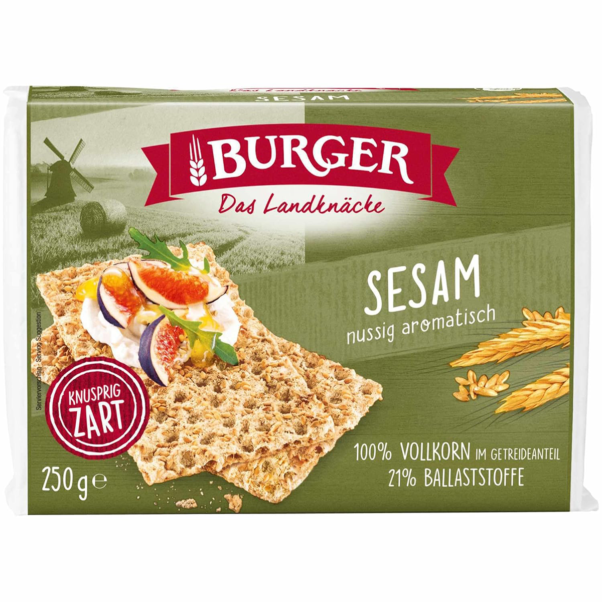 Burger Sesam Crispbread, crunchy sesame confectionery snack with toasted sesame seeds on crispbread surface.
