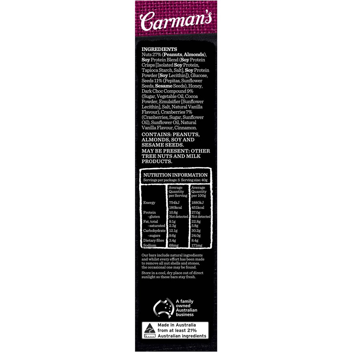 Carman's Dark Choc & Cranberry Protein Bar showing dark chocolate coating, cranberries, and oats on wrapper.