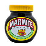 Marmite Original Yeast Extract Spread jar with label, showcasing the iconic brand and product on a grocery shelf.