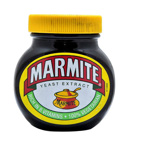 Marmite Original Yeast Extract Spread jar with label, showcasing the iconic brand and product on a grocery shelf.
