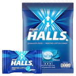 Halls Mentho-Lyptus candy in a clear wrapper, showcasing the dry grocery snack with menthol and eucalyptus flavor.