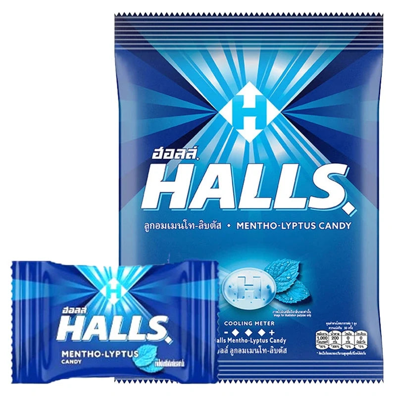 Halls Mentho-Lyptus candy in a clear wrapper, showcasing the dry grocery snack with menthol and eucalyptus flavor.