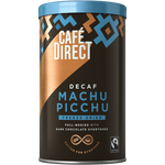 Cafedirect Machu Picchu Decaf Freeze Dried Instant Coffee packet with branding and product label on a white background.