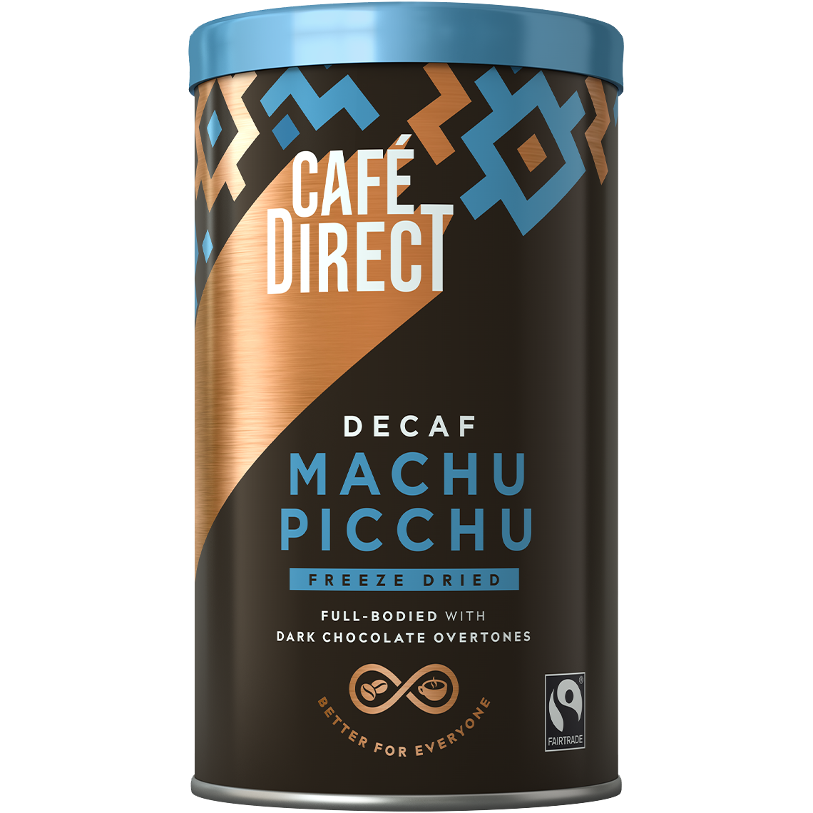 Cafedirect Machu Picchu Decaf Freeze Dried Instant Coffee packet with branding and product label on a white background.