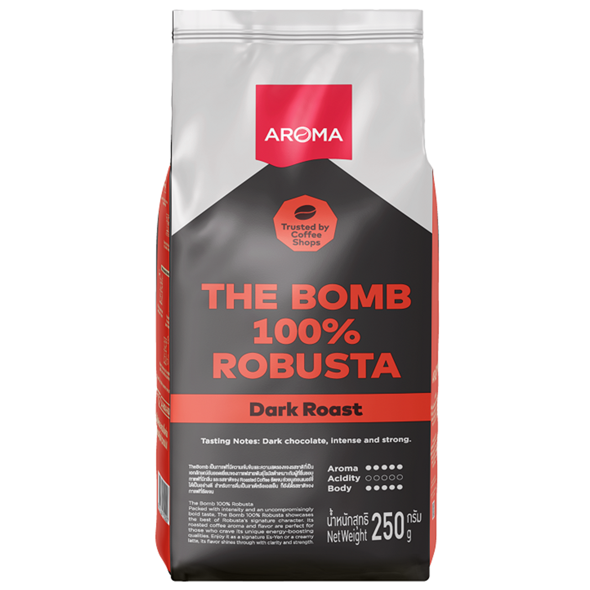 Aroma The Bomb Robusta roasted coffee drink in a glass, showcasing dark roasted coffee with a rich, aromatic appearance.