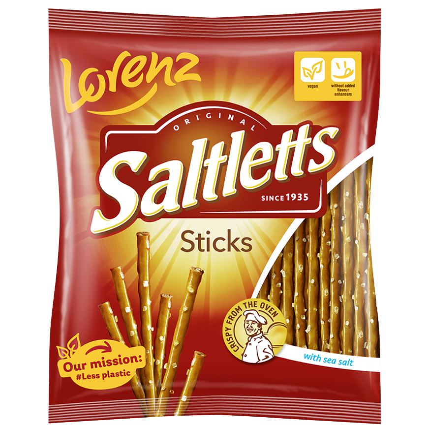 Lorenz Saltletts confectionery snacks in a colorful bag, featuring crunchy snack pieces with salt seasoning.