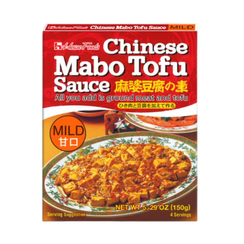 House Mabo Tofu Nikunashi Mild 150g dry grocery package with tofu and vegetable ingredients, ready for cooking or seasoning.