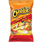 Cheetos Flamin' Hot Crunchy Cheese Snack bag with spicy, crunchy cheese snacks in bright orange packaging.