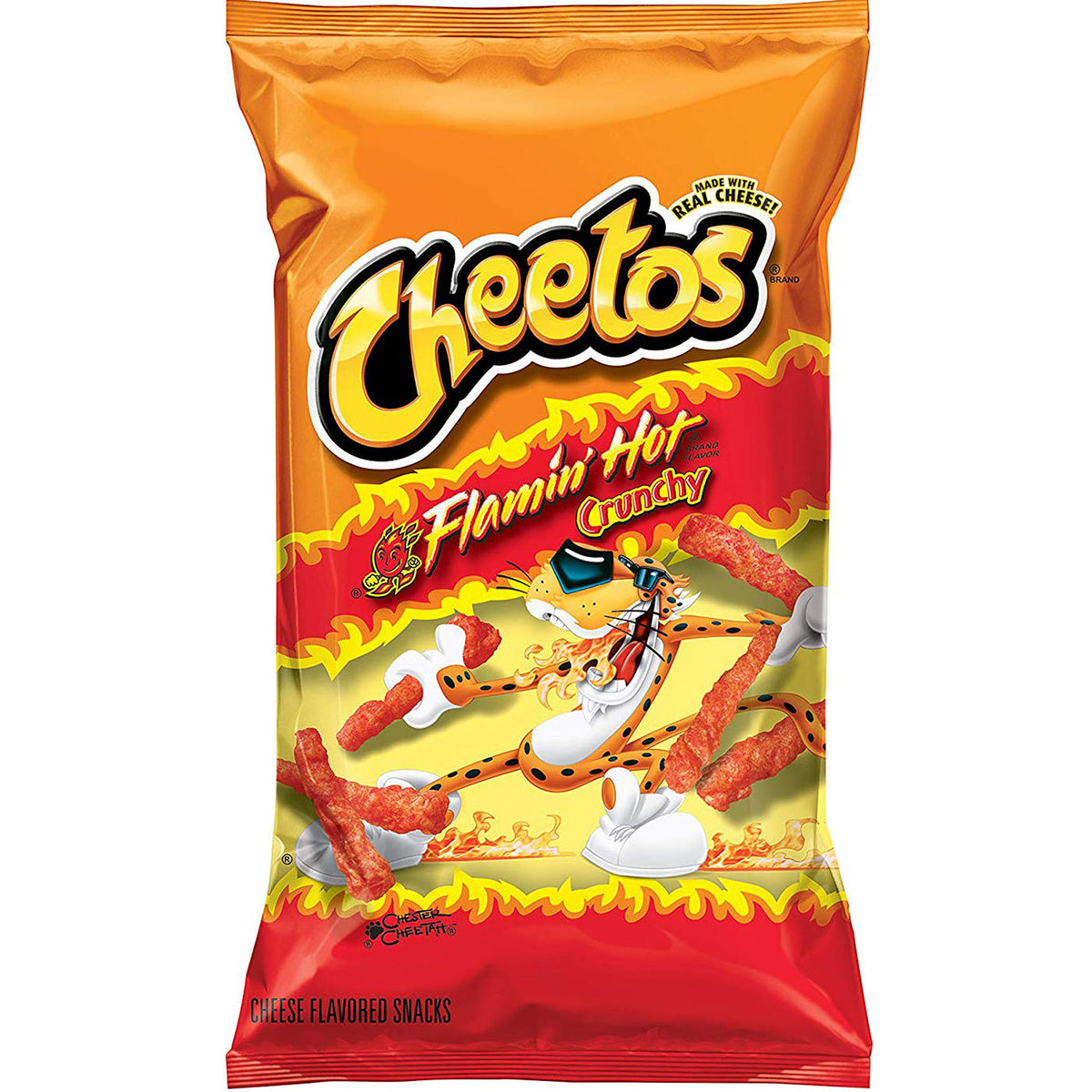 Cheetos Flamin' Hot Crunchy Cheese Snack bag with spicy, crunchy cheese snacks in bright orange packaging.