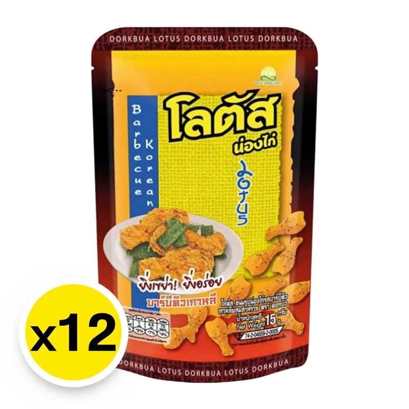 Lotus Drum Stick shaped biscuits in BBQ flavor, 15g each, arranged in a box, snack dry grocery product.