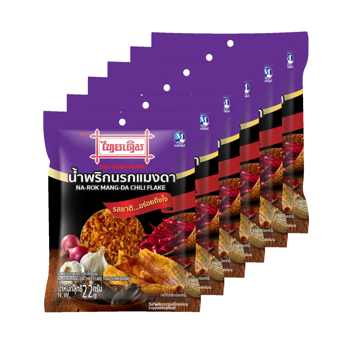THAIDERM Narok Mang Da Chili Flake 22g pack, dry grocery, showing vibrant red chili flakes in clear packaging.